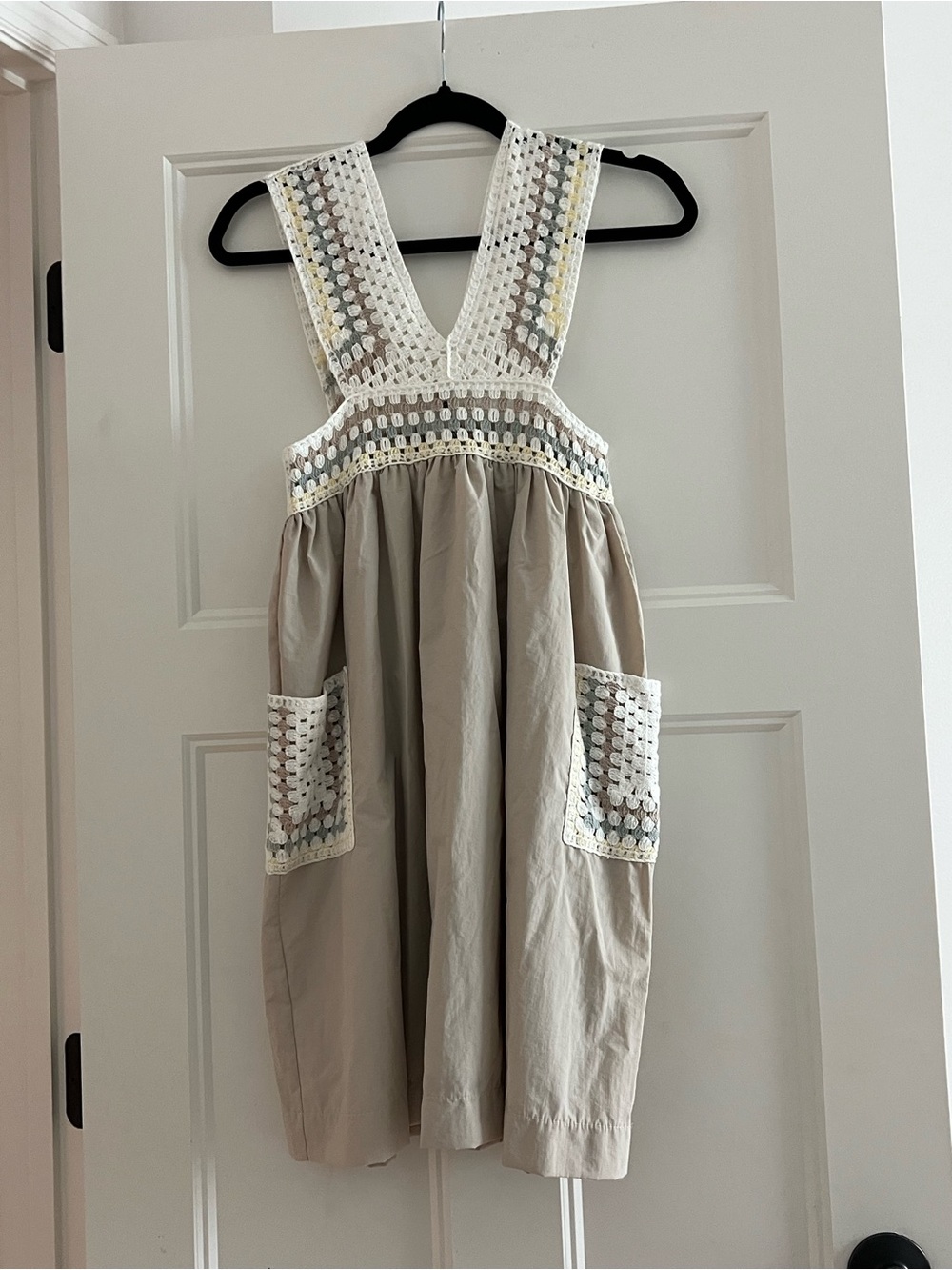 Melange Beige Pinafore Dress with White Crochet Detail